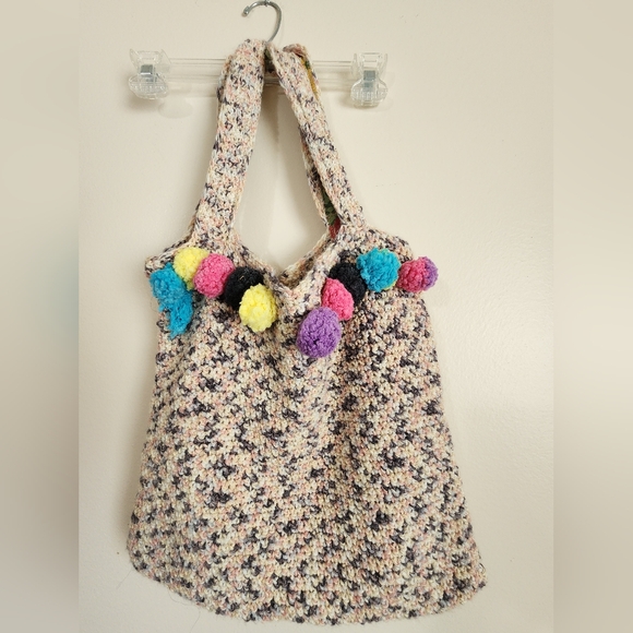 Handmade Handbags - Colorful Pom-Pom Crochet Market Tote Boho Bag